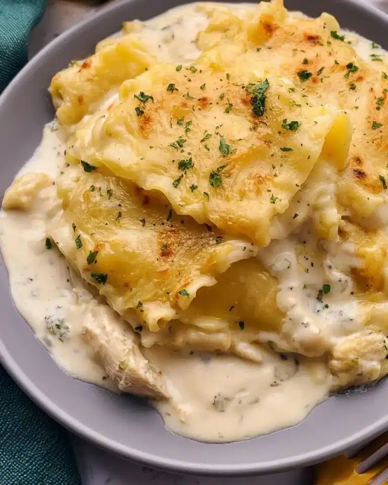 Delicious and creamy Chicken Lasagna served with fresh herbs