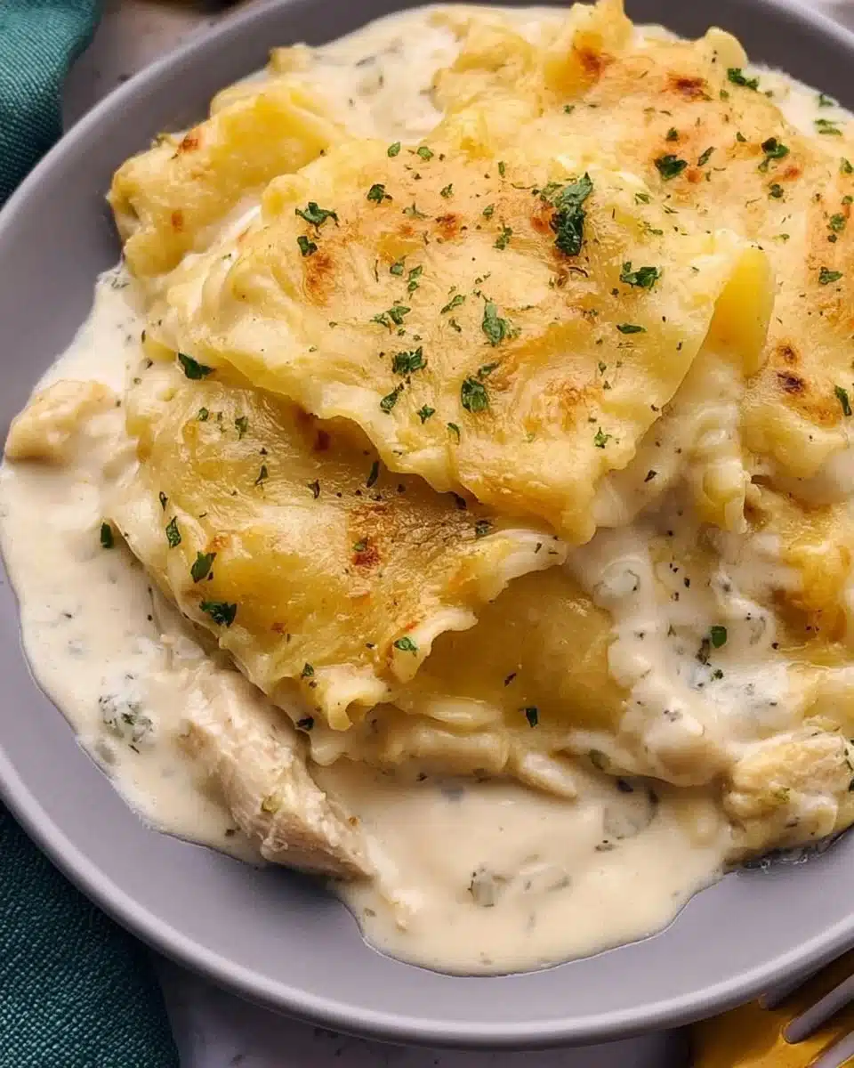 Delicious and creamy Chicken Lasagna served with fresh herbs