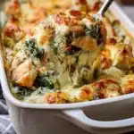 Delicious Chicken Spinach Artichoke Casserole served in a baking dish