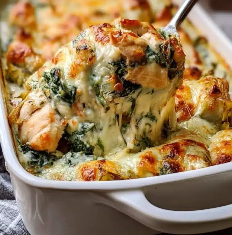 Delicious Chicken Spinach Artichoke Casserole served in a baking dish