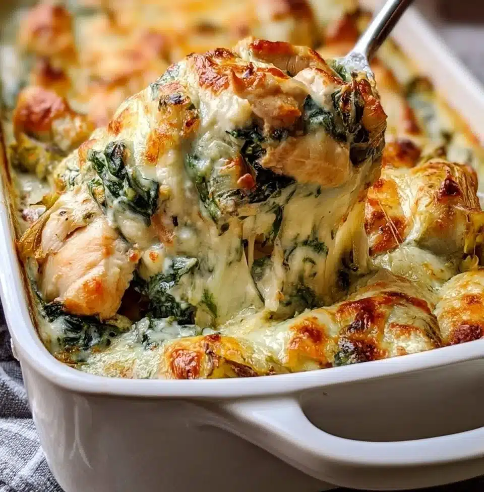 Delicious Chicken Spinach Artichoke Casserole served in a baking dish