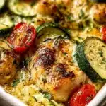 Baked Chicken Zucchini with cheese and herbs in a casserole dish