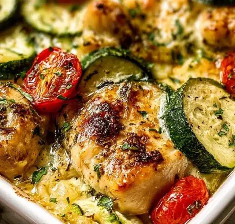 Baked Chicken Zucchini with cheese and herbs in a casserole dish