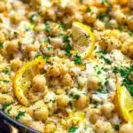 Chickpea lemon skillet dish garnished with fresh herbs and lemon slices.