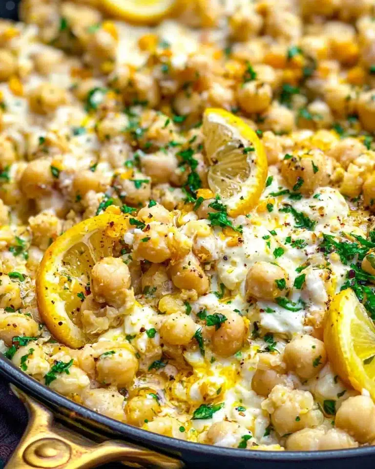 Chickpea lemon skillet dish garnished with fresh herbs and lemon slices.
