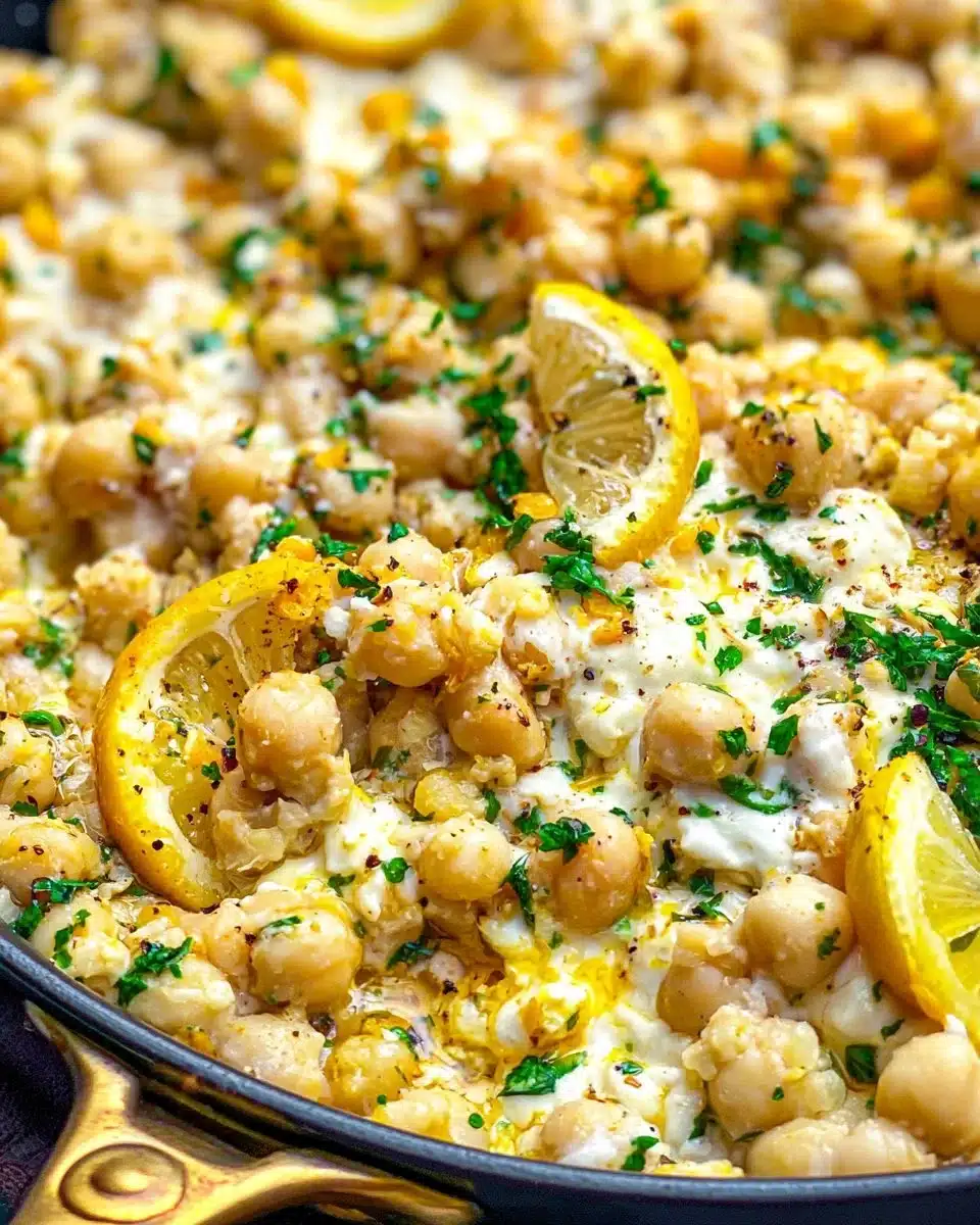 Chickpea lemon skillet dish garnished with fresh herbs and lemon slices.