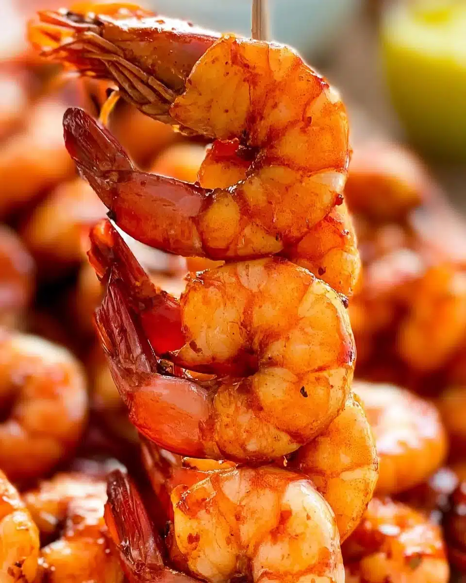 Grilled Chipotle Honey Shrimp Skewers garnished and ready to serve