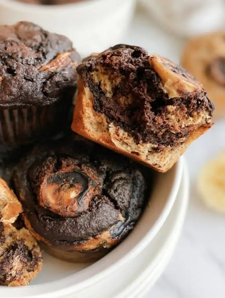 Delicious chocolate peanut butter banana muffins on a plate.