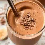 Chocolate peanut butter banana smoothie in a glass with a straw