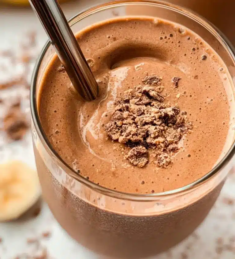 Chocolate peanut butter banana smoothie in a glass with a straw