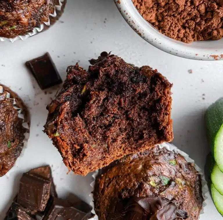 Baked chocolate zucchini muffins stacked on a plate, rich in flavor and moist texture.