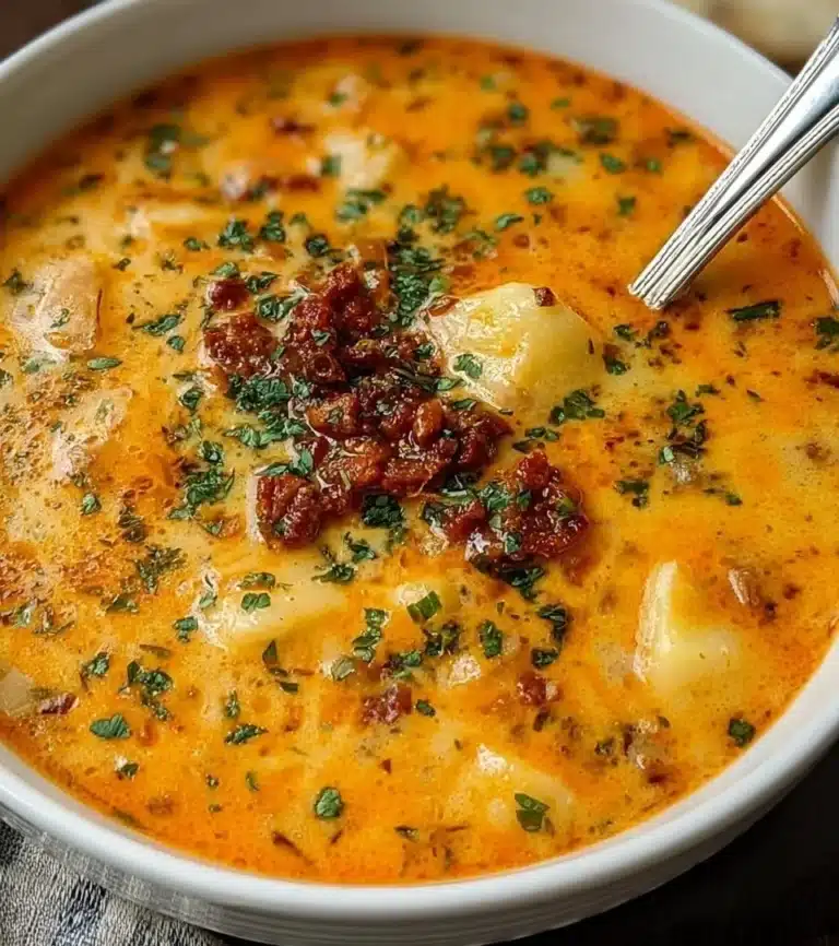 Bowl of Chorizo Potato Soup with chunks of potatoes and spicy sausage