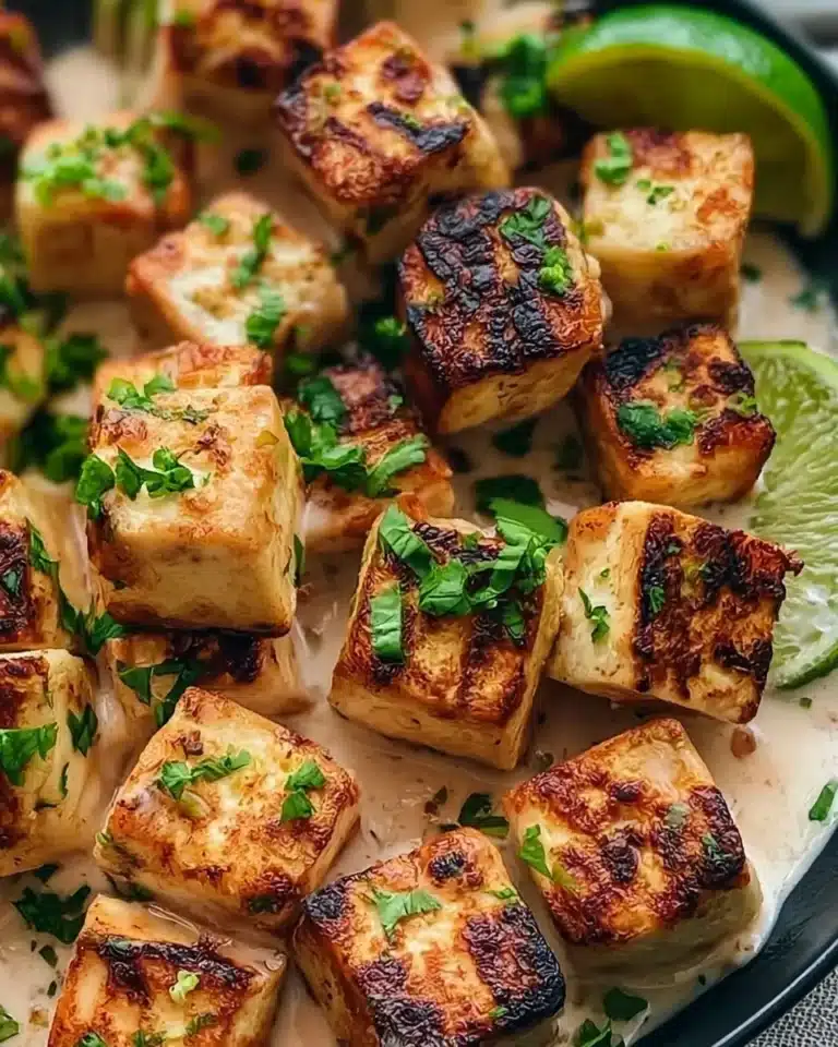 Delicious Coconut Lime Tofu served with fresh herbs and lime wedges