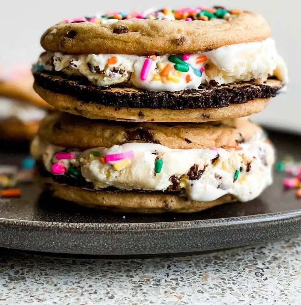 Delicious cookie ice cream sandwiches with creamy filling and fresh ingredients