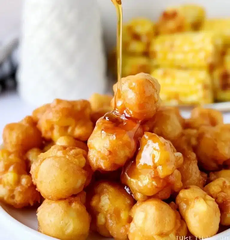 Golden brown corn fritters served with dipping sauce