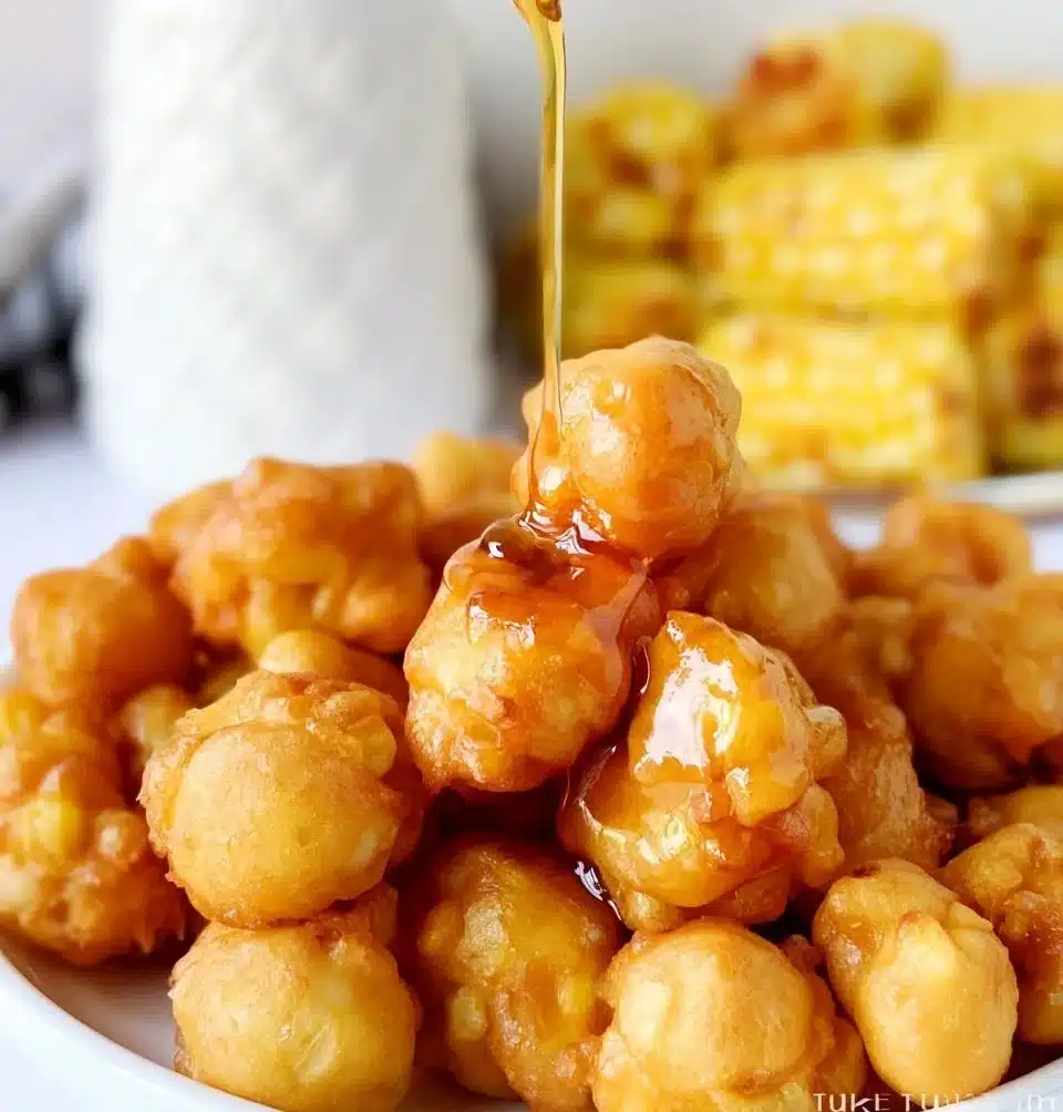 Golden brown corn fritters served with dipping sauce