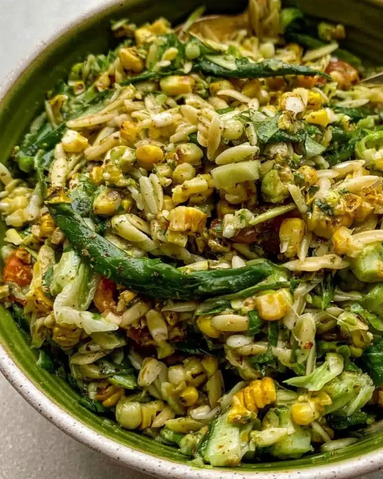 A vibrant bowl of Corn Orzo Salad with fresh vegetables and herbs.