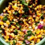Fresh corn salsa served in a bowl with colorful vegetables.