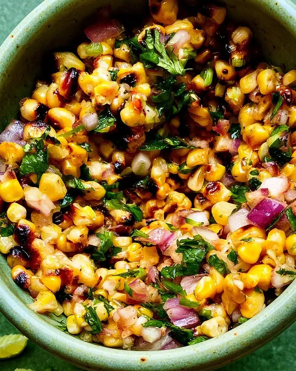 Fresh corn salsa served in a bowl with colorful vegetables.