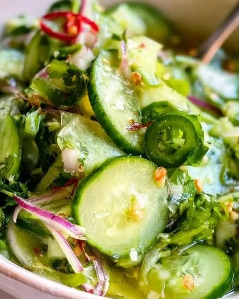 Fresh and vibrant cucumber salad served in a bowl with herbs and dressing