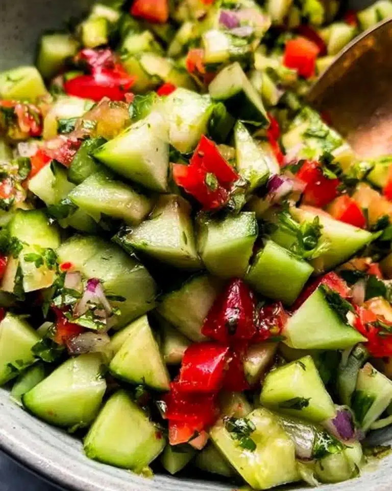 Fresh Cucumber Salsa with diced cucumbers, tomatoes, and herbs served in a bowl.