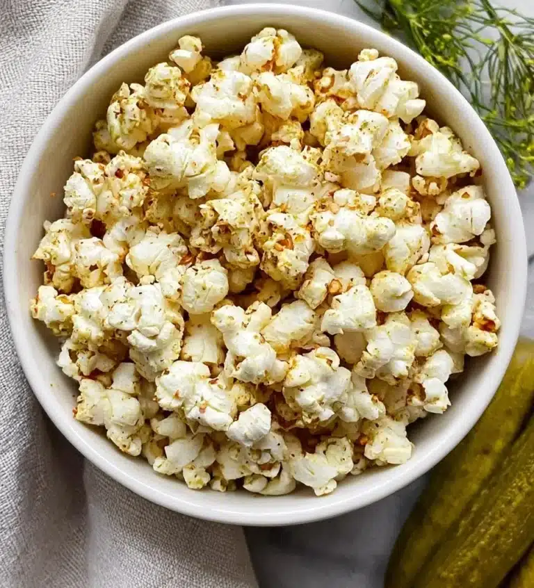 A bowl of Dill Pickle Popcorn seasoned with dill and pickle flavoring.