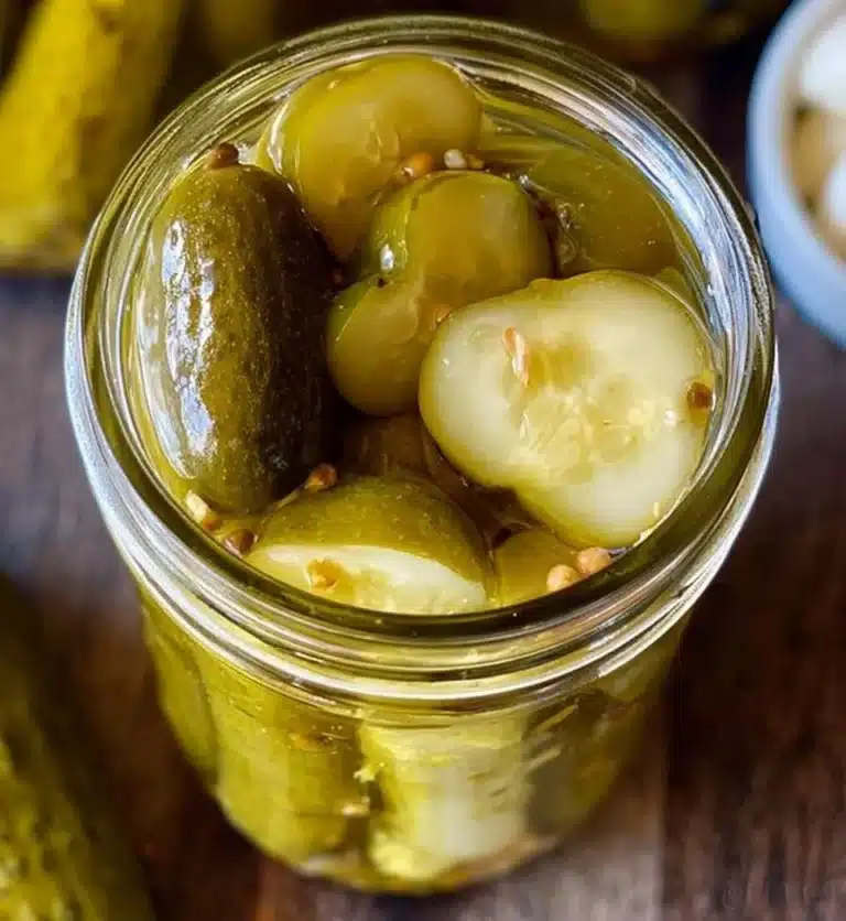 A jar of homemade dill pickles with fresh dill and spices inside.