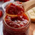 Homemade easy tomato jam in a jar with fresh tomatoes and herbs.
