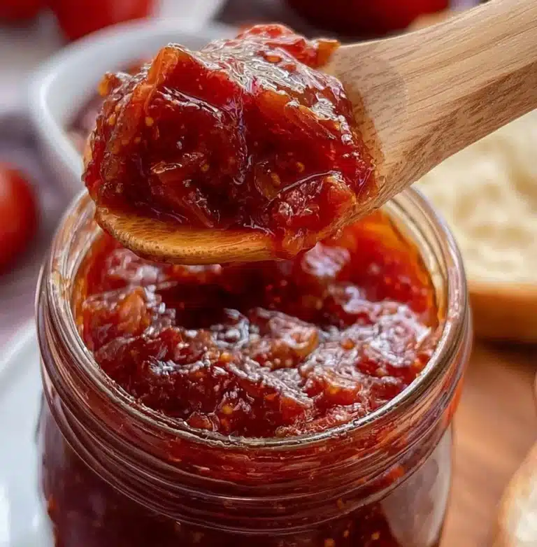 Homemade easy tomato jam in a jar with fresh tomatoes and herbs.