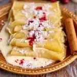 Delicious eggnog crepes served with festive toppings