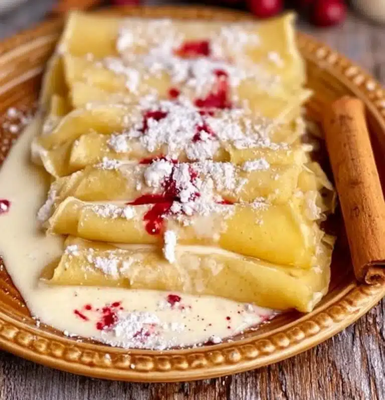 Delicious eggnog crepes served with festive toppings