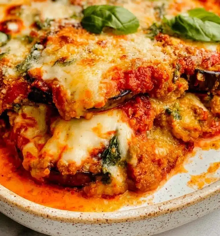 Deliciously baked Eggplant Parmesan with layers of cheese and marinara sauce