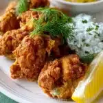 Plate of crispy fried oysters served with lemon and dipping sauce