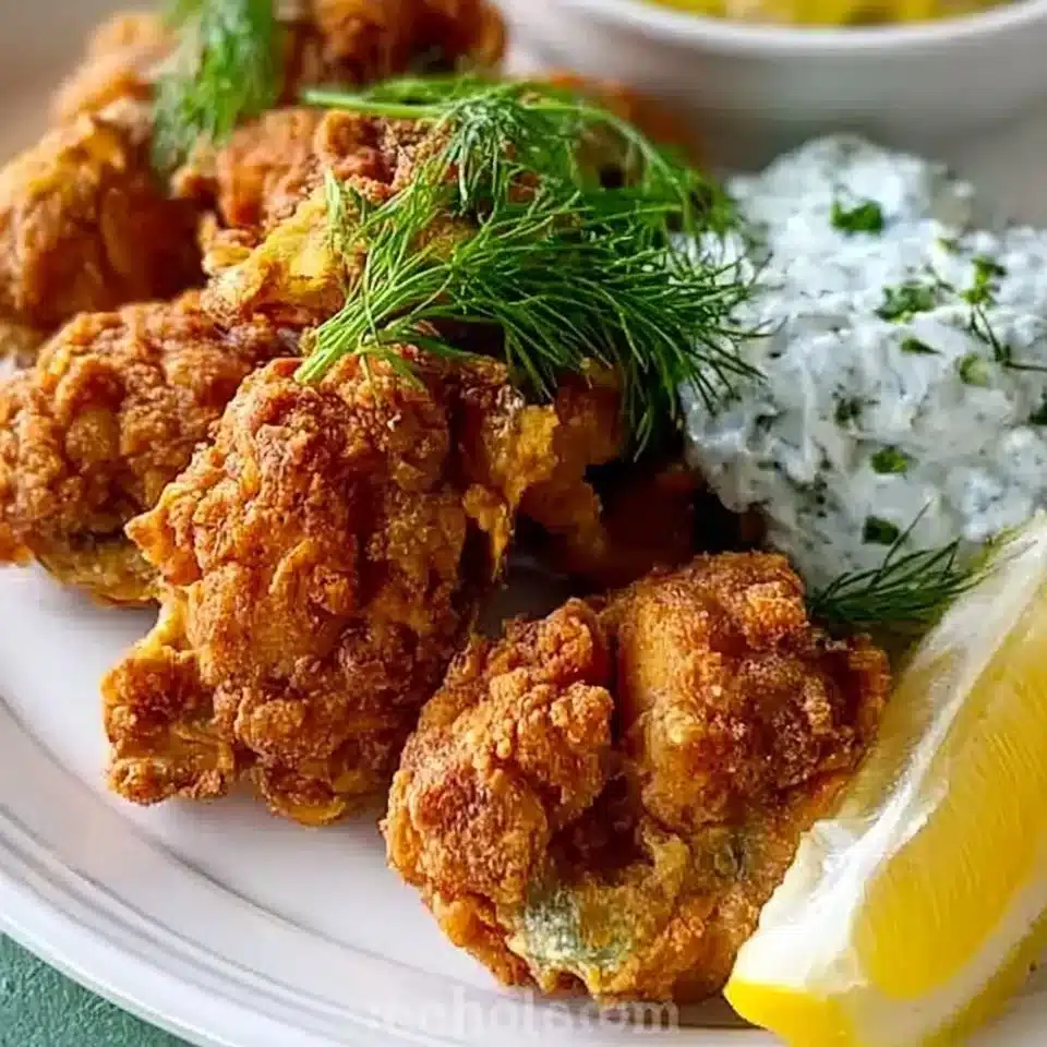 Plate of crispy fried oysters served with lemon and dipping sauce