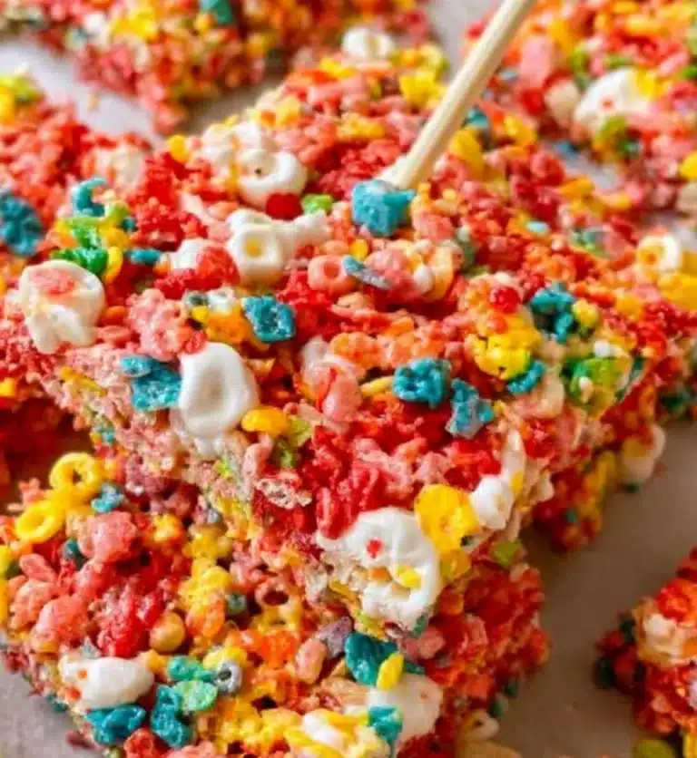 Colorful Fruity Pebbles Rice Krispie Treats on a plate