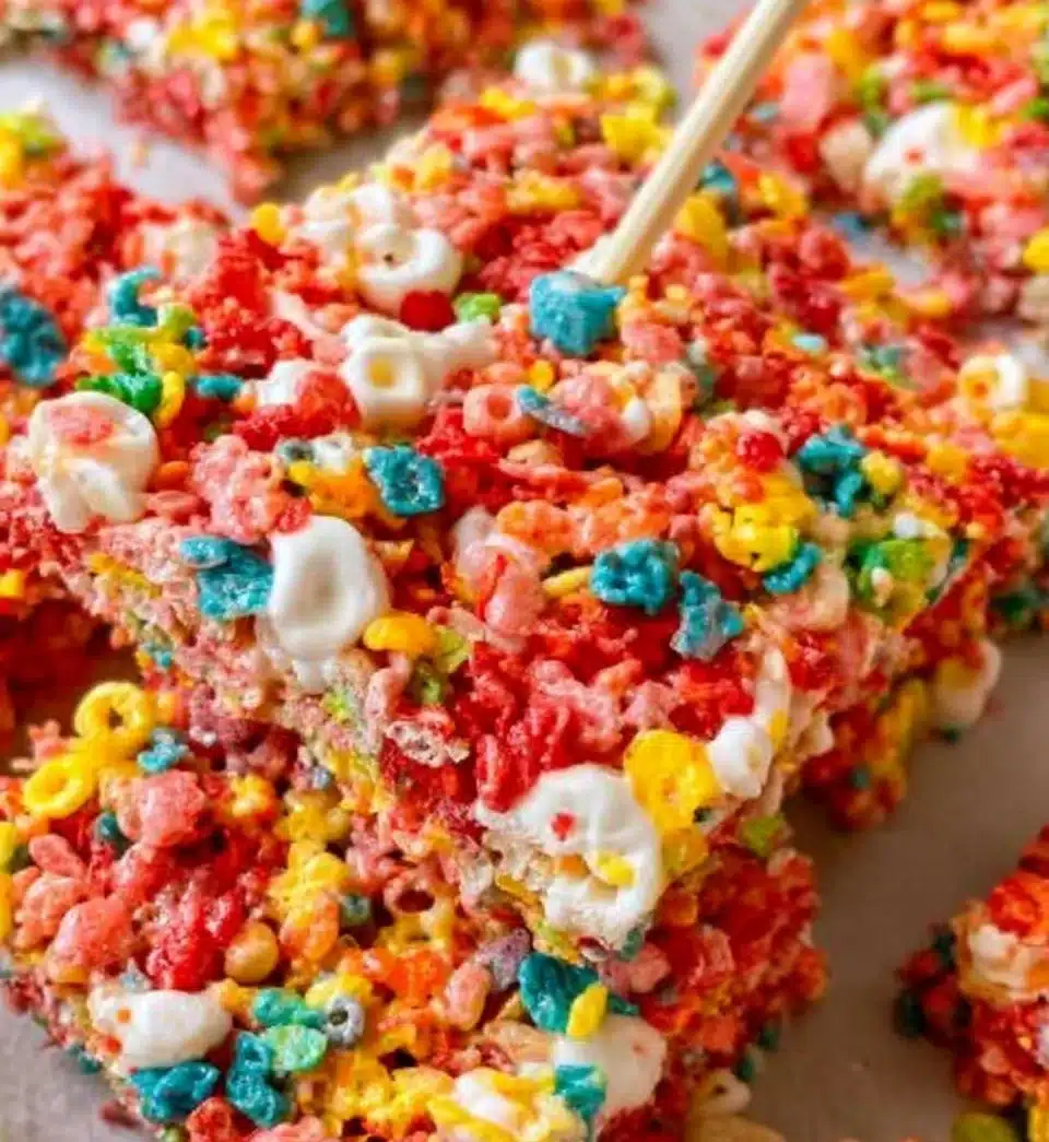 Colorful Fruity Pebbles Rice Krispie Treats on a plate
