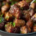 Delicious garlic butter steak bites served on a plate garnished with herbs