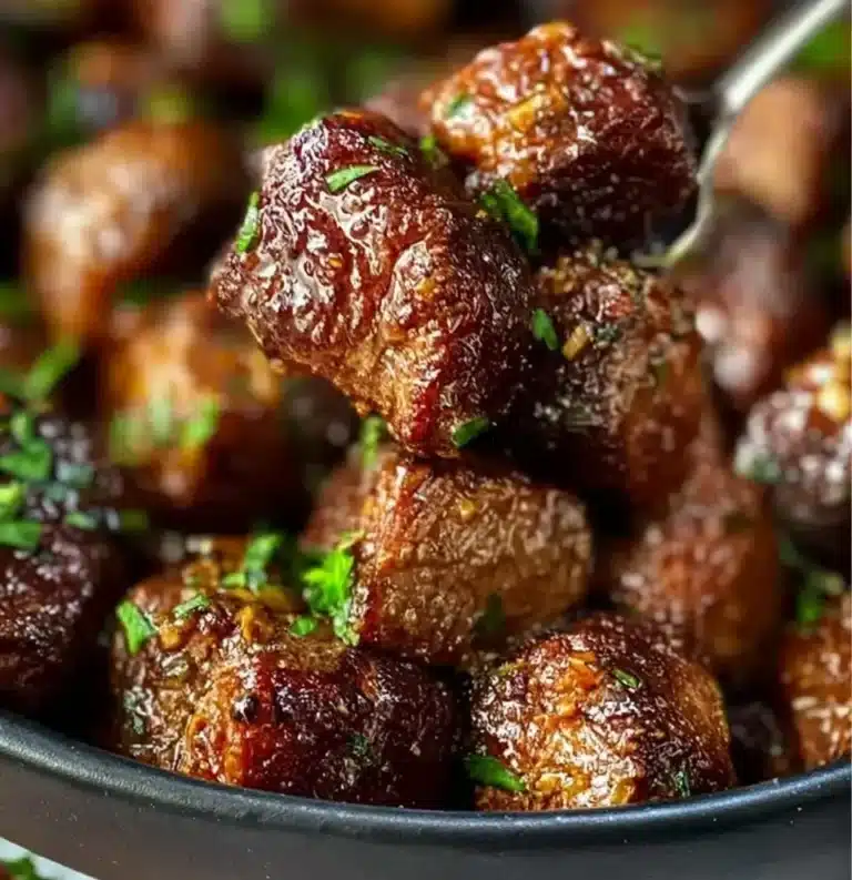 Delicious garlic butter steak bites served on a plate garnished with herbs