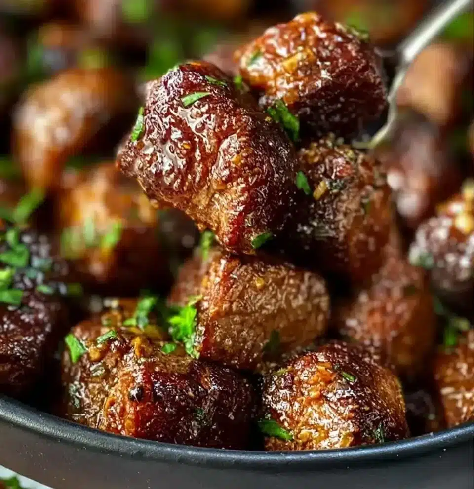 Delicious garlic butter steak bites served on a plate garnished with herbs