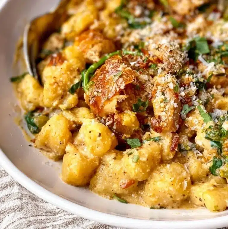Delicious Garlic Chicken Gnocchi served with herbs and parmesan cheese.