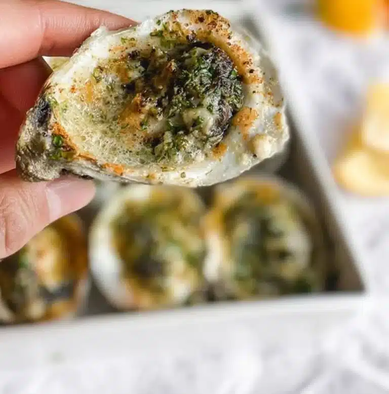 Delicious garlic herb butter grilled oysters on the grill