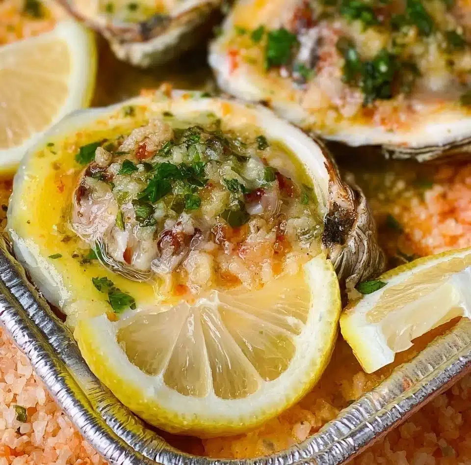 Delicious Garlic Lemon Butter Oysters served on a plate with fresh herbs