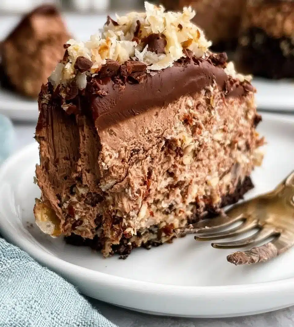 Delicious slice of German Chocolate Cheesecake topped with coconut and pecans