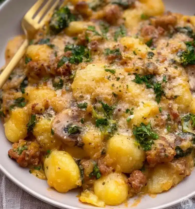 Bowl of gnocchi with sausage, garnished with herbs and cheese