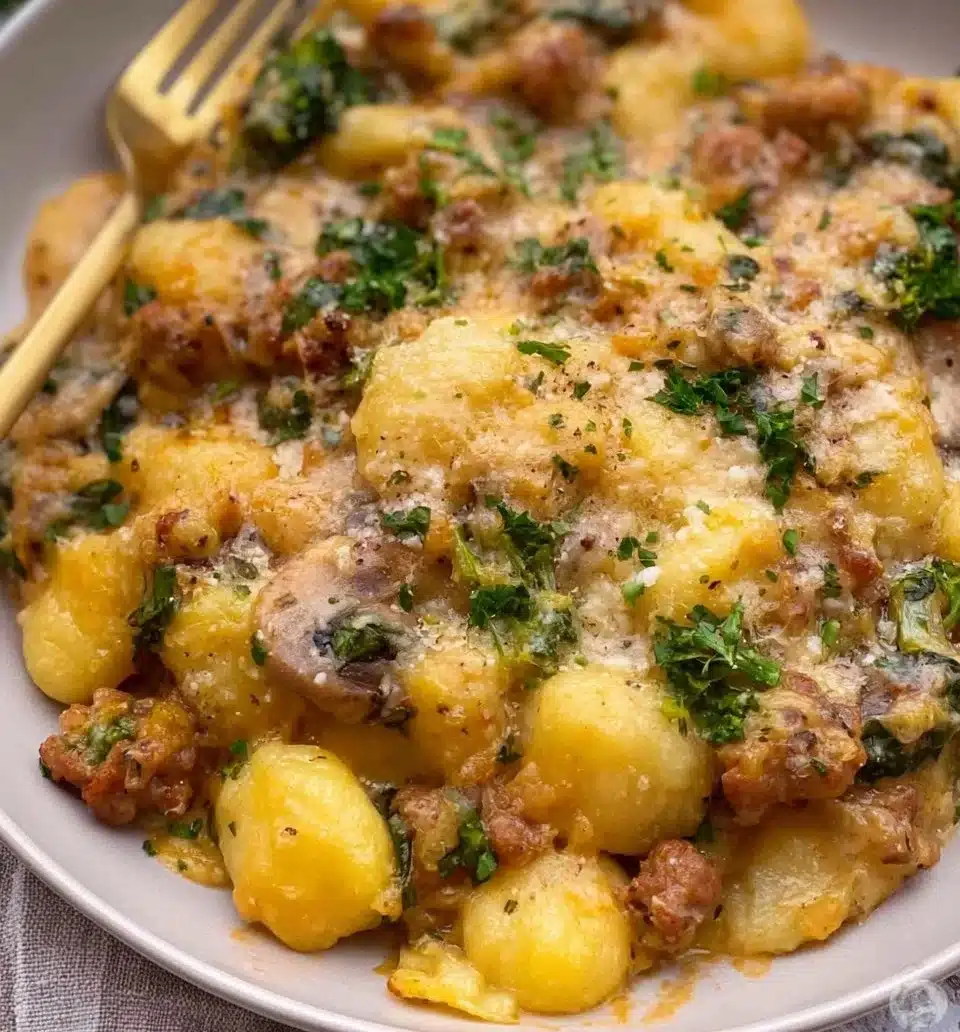 Bowl of gnocchi with sausage, garnished with herbs and cheese