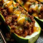 Ground beef stuffed zucchini boats fresh out of the oven, garnished with herbs.