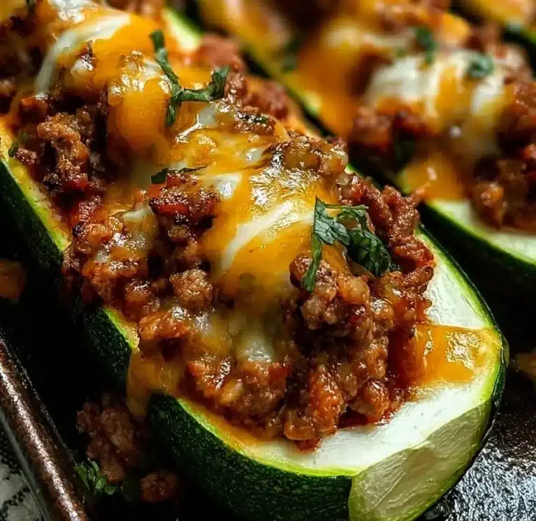 Ground beef stuffed zucchini boats fresh out of the oven, garnished with herbs.