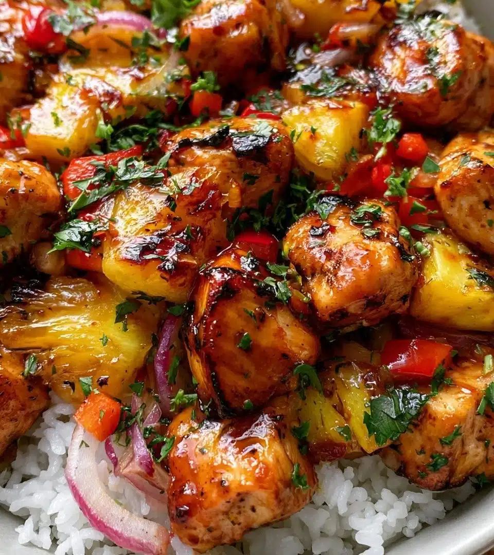 Plate of Hawaiian Chicken garnished with pineapple and herbs