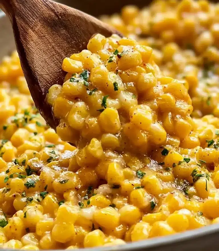 Delicious honey butter corn dish served in a bowl, garnished with herbs.