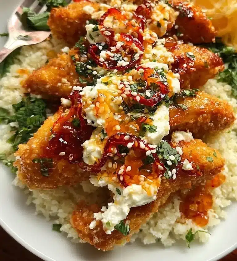 Delicious Honey Feta Chicken served on a plate with fresh herbs and vegetables